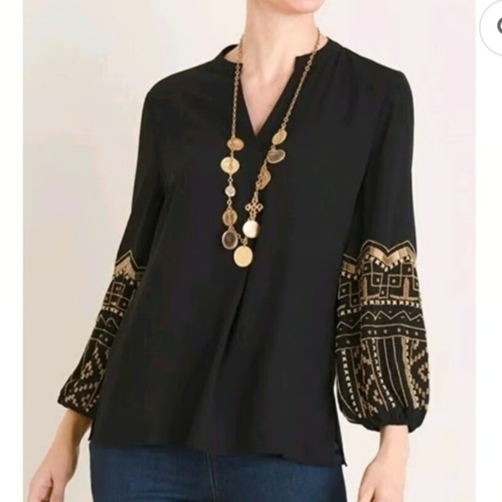 Chico's Peasant Blouse Womens 2 L Black Gold Beaded Sleeve Embellished Top NEW